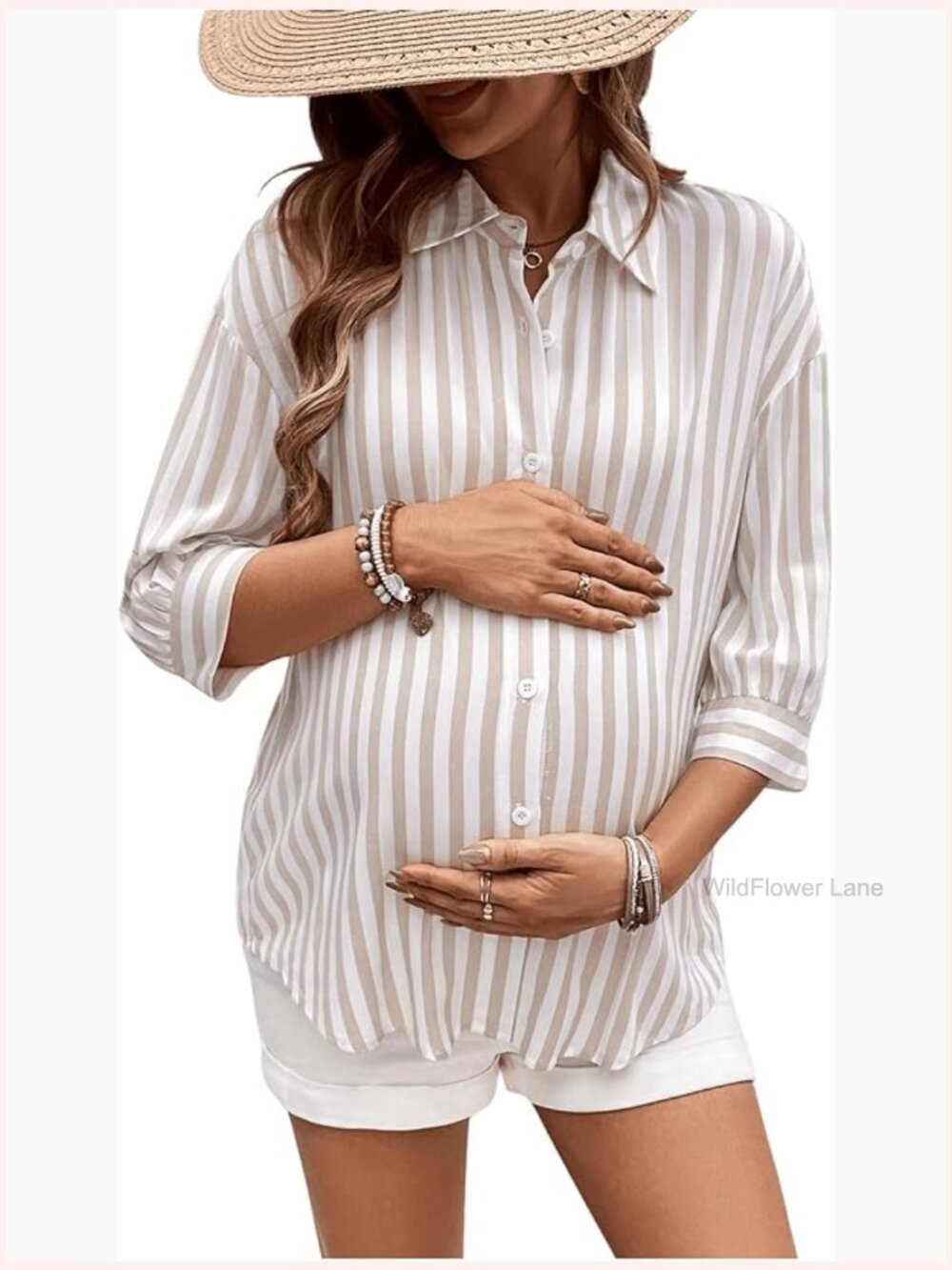 Maternity Striped Button Down 3/4 Sleeve Nursing Blouse Top